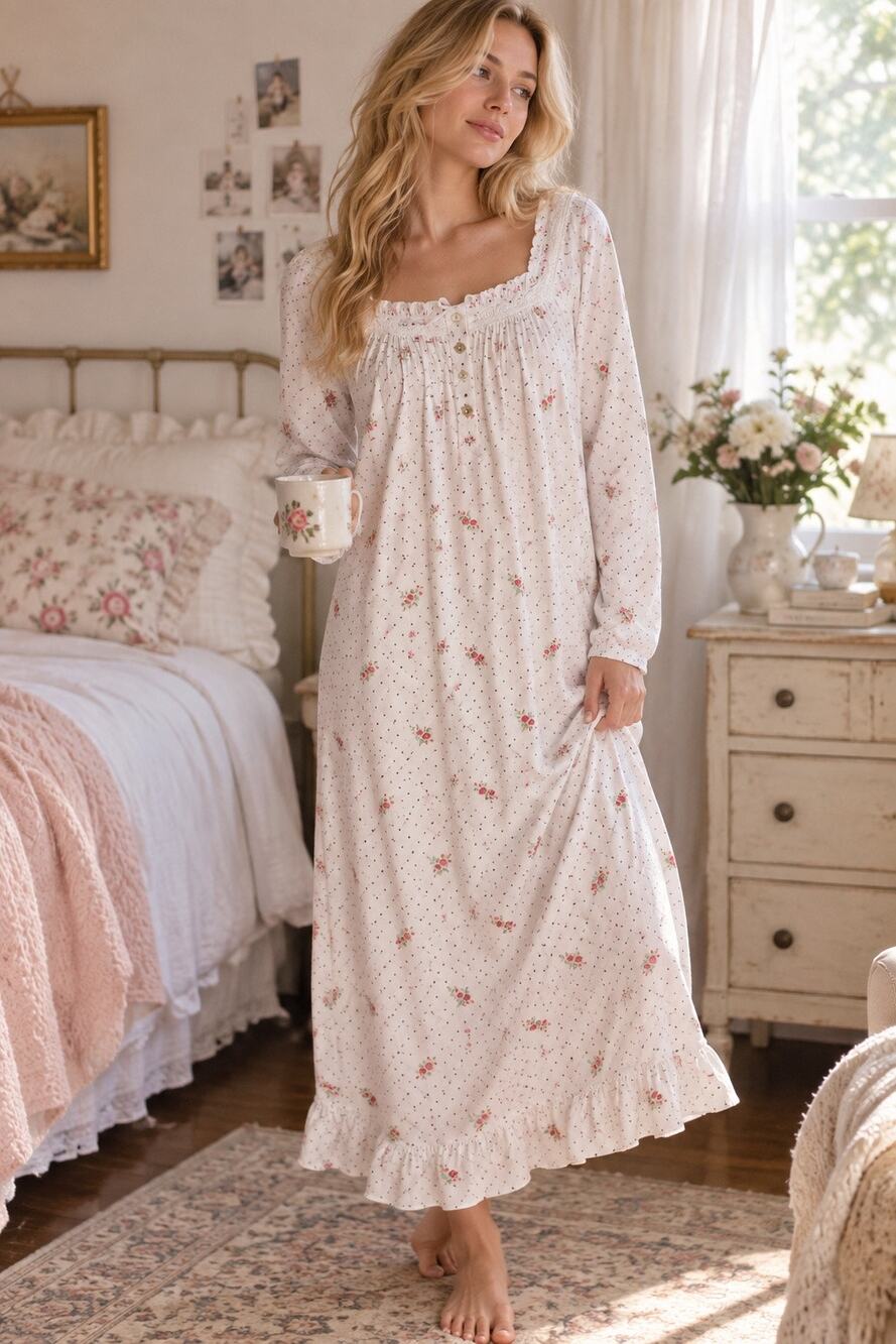 Eileen West Rosebud Dot Cotton Knit Ballet Nightgown Romantic Granny Prairie M